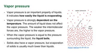 Vapor pressure
• Vapor pressure is an important property of liquids.
It indicates how easily the liquid is evaporating.
• Vapor pressure is strongly dependent on the
temperature. The amount of liquid does not affect
the vapor pressure. The weaker the intermolecular
forces are, the higher is the vapor pressure.
• When the vapor pressure is equal to the pressure
surrounding the liquid, the liquid boils.
• Solids also have a vapor pressure, but evaporation
of solids is usually much lower than liquids. Picture: HellTchi CC BY-SA 3.0
 