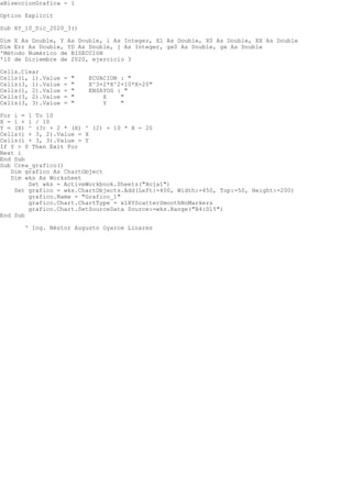 aBiseccionGrafica - 1
Option Explicit
Sub XY_10_Dic_2020_3()
Dim X As Double, Y As Double, i As Integer, X1 As Double, X0 As Double, XX As Double
Dim Err As Double, YD As Double, j As Integer, gx0 As Double, gx As Double
'Mtodo Numrico de BISECCIN
'10 de Diciembre de 2020, ejercicio 3
Cells.Clear
Cells(1, 1).Value = " ECUACION : "
Cells(3, 1).Value = " X^3+2*X^2+10*X-20"
Cells(1, 2).Value = " ENSAYOS : "
Cells(3, 2).Value = " X "
Cells(3, 3).Value = " Y "
For i = 1 To 10
X = 1 + i / 10
Y = (X) ^ (3) + 2 * (X) ^ (2) + 10 * X - 20
Cells(i + 3, 2).Value = X
Cells(i + 3, 3).Value = Y
If Y > 0 Then Exit For
Next i
End Sub
Sub Crea_grafico()
Dim grafico As ChartObject
Dim wks As Worksheet
Set wks = ActiveWorkbook.Sheets("Hoja1")
Set grafico = wks.ChartObjects.Add(Left:=400, Width:=450, Top:=50, Height:=200)
grafico.Name = "Grafico_1"
grafico.Chart.ChartType = xlXYScatterSmoothNoMarkers
grafico.Chart.SetSourceData Source:=wks.Range("B4:D15")
End Sub
' Ing. Nstor Augusto Oyarce Linares
 