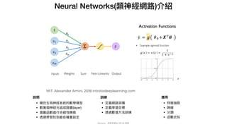 Mycena - 深度學習從 NN 到 嗯嗯
Neural Networks(類神經網路)介紹
說明
• 模仿⽣物神經系統的數學模型

• 數萬個神經元組成階層(layer)

• 激勵函數進⾏非線性轉換

• 透過學習找到最佳權重設定
訓練
• 定義網路架構

• 定義學習⽬標

• 透過數值⽅法訓練
應⽤
• 特徵抽取

• 降維

• 分類

• 函數近似
 