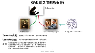 Mycena - 深度學習從 NN 到 嗯嗯
GAN 觀念(偵探與假畫)
Generator(偽造) 努⼒製造假畫以瞞過偵探的辨識，好增加薪⽔
Detective(偵探) 辨識⼿上的作品是否為真，不讓假畫流傳市場
過程
偵探先⾏上場，⼯作就是檢查⼿上的畫作是否為真，會了解什
麼是蒙娜麗莎的微笑、梵⾕的畫作等，上⼯後，會拿到來⾃偽
造商的假畫，⼀看就踢回去。隨著時間過往，假畫的品質越來
越⾼，直到偵探也開始難以分辨。
 