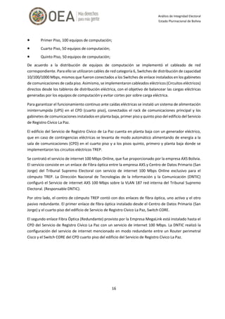 Análisis de Integridad Electoral
Estado Plurinacional de Bolivia
16
● Primer Piso, 100 equipos de computación;
● Cuarto Pi...