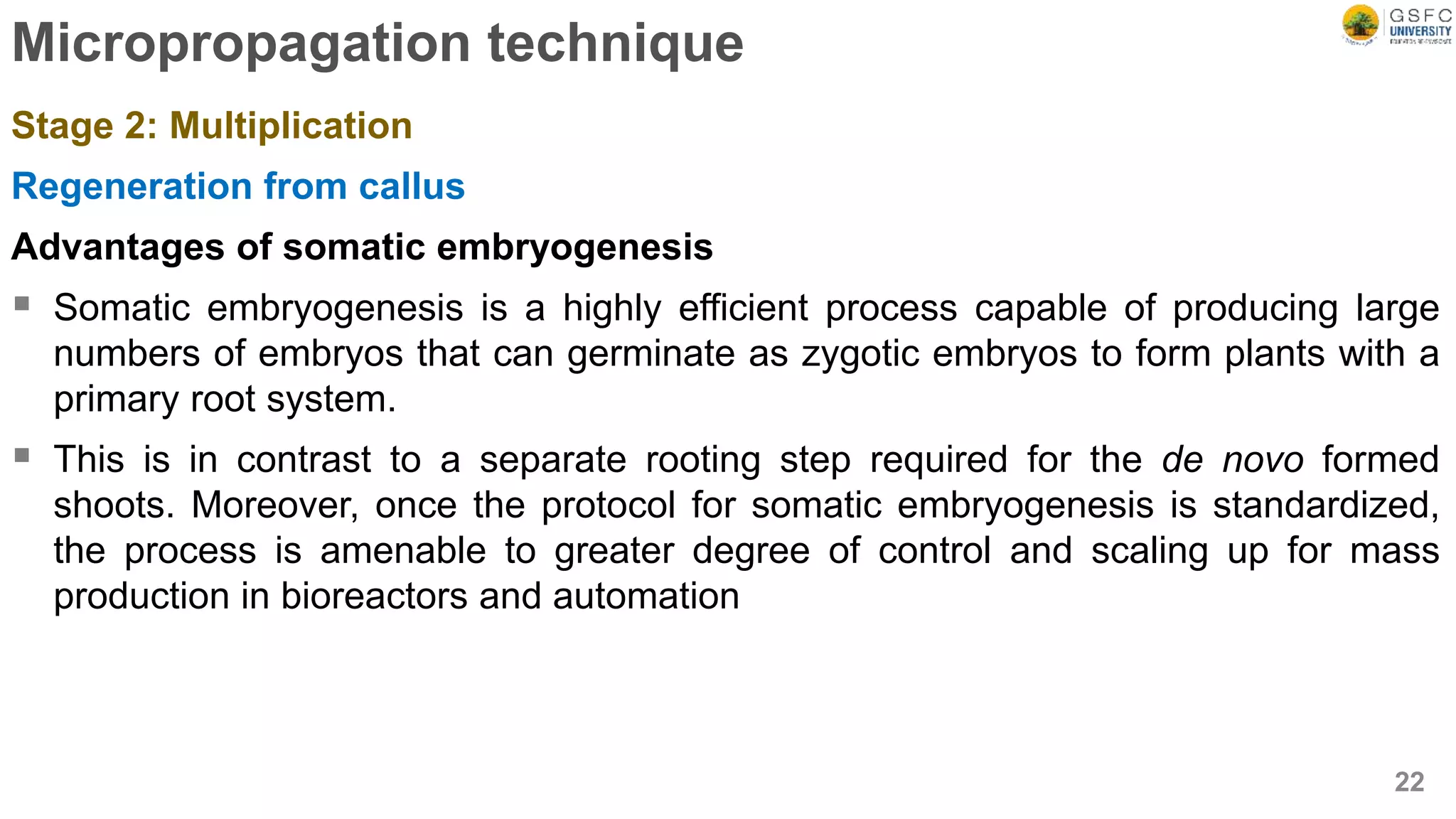 Micropropagation technique
Stage 2: Multiplication
Regeneration from callus
Advantages of somatic embryogenesis
 Somatic embryogenesis is a highly efficient process capable of producing large
numbers of embryos that can germinate as zygotic embryos to form plants with a
primary root system.
 This is in contrast to a separate rooting step required for the de novo formed
shoots. Moreover, once the protocol for somatic embryogenesis is standardized,
the process is amenable to greater degree of control and scaling up for mass
production in bioreactors and automation
22
 