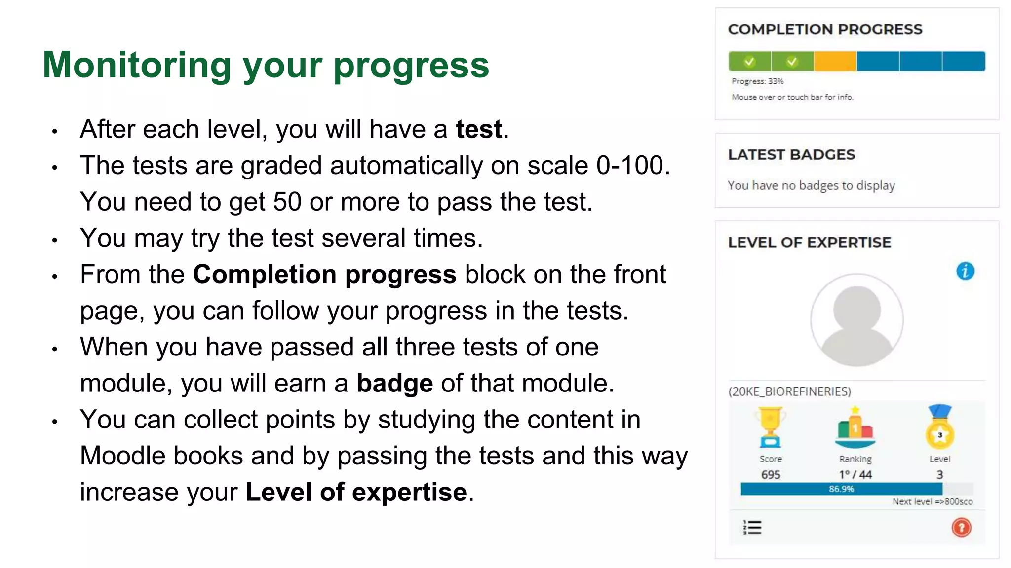 Monitoring your progress
• After each level, you will have a test.
• The tests are graded automatically on scale 0-100.
You need to get 50 or more to pass the test.
• You may try the test several times.
• From the Completion progress block on the front
page, you can follow your progress in the tests.
• When you have passed all three tests of one
module, you will earn a badge of that module.
• You can collect points by studying the content in
Moodle books and by passing the tests and this way
increase your Level of expertise.
 
