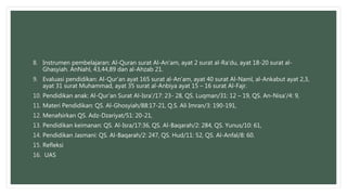 8. Instrumen pembelajaran: Al-Quran surat Al-An'am, ayat 2 surat al-Ra'du, ayat 18-20 surat al-
Ghasyiah. AnNahl, 43,44,89 dan al-Ahzab 21.
9. Evaluasi pendidikan: Al-Qur’an ayat 165 surat al-An'am, ayat 40 surat Al-Naml, al-Ankabut ayat 2,3,
ayat 31 surat Muhammad, ayat 35 surat al-Anbiya ayat 15 – 16 surat Al-Fajr.
10. Pendidikan anak: Al-Qur’an Surat Al-Isra’/17: 23- 28, QS. Luqman/31: 12 – 19, QS. An-Nisa’/4: 9,
11. Materi Pendidikan: QS. Al-Ghosyiah/88:17-21, Q.S. Ali Imran/3: 190-191,
12. Menafsirkan QS. Adz-Dzariyat/51: 20-21,
13. Pendidikan keimanan: QS. Al-Isra/17:36, QS. Al-Baqarah/2: 284, QS. Yunus/10: 61,
14. Pendidikan Jasmani: QS. Al-Baqarah/2: 247, QS. Hud/11: 52, QS. Al-Anfal/8: 60.
15. Refleksi
16. UAS
 