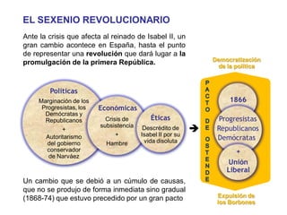 EL SEXENIO REVOLUCIONARIO
Ante la crisis que afecta al reinado de Isabel II, un
gran cambio acontece en España, hasta el punto
de representar una revolución que dará lugar a la
promulgación de la primera República.
Un cambio que se debió a un cúmulo de causas,
que no se produjo de forma inmediata sino gradual
(1868-74) que estuvo precedido por un gran pacto
Políticas
Marginación de los
Progresistas, los
Demócratas y
Republicanos
+
Autoritarismo
del gobierno
conservador
de Narváez
Democratización
de la política

Expulsión de
los Borbones
1866
Progresistas
Demócratas
Republicanos
+
Unión
Liberal
Económicas
Crisis de
subsistencia
+
Hambre
Éticas
Descrédito de
Isabel II por su
vida disoluta
 