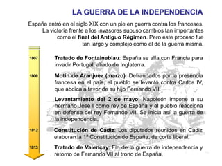 LA GUERRA DE LA INDEPENDENCIA
España entró en el siglo XIX con un pie en guerra contra los franceses.
La victoria frente a los invasores supuso cambios tan importantes
como el final del Antiguo Régimen. Pero este proceso fue
tan largo y complejo como el de la guerra misma.
1807
1808
Tratado de Fontaineblau: España se alía con Francia para
invadir Portugal, aliado de Inglaterra.
Motín de Aranjuez (marzo): Defraudados por la presencia
francesa en el país, el pueblo se levantó contra Carlos IV,
que abdica a favor de su hijo Fernando VII.
Levantamiento del 2 de mayo: Napoleón impone a su
hermano José I como rey de España y el pueblo reacciona
en defensa del rey Fernando VII. Se inicia así la guerra de
la independencia.
1812 Constitución de Cádiz: Los diputados reunidos en Cádiz
elaboran la 1ª Constitución de España, de corte liberal.
1813 Tratado de Valençay: Fin de la guerra de independencia y
retorno de Fernando VII al trono de España.
 