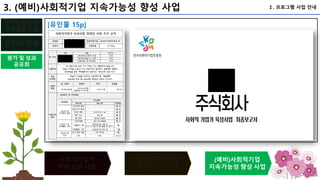 103
사회적기업가
역량 강화 사업
(예비)사회적기업
(지정) 인증 사업
(예비)사회적기업
지속가능성 향상 사업
선진지 견학
평가 및 성과
공유회
단계별 창업 및
스케일업 지원
Ⅰ. 프로그램 사업 안내
3. (예비)사회적기업 지속가능성 향성 사업
[유인물 15p]
 