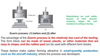 Guerin process: (1) before and (2) after
The advantage of the Guerin process is the relatively low cost of the tooling.
The form block can be made of wood, plastic, or other materials that are
easy to shape, and the rubber pad can be used with different form blocks.
These factors make rubber forming attractive in small-quantity production,
such as the aircraft industry, where the process was developed.
Polyurethanes are used widely
because of their abrasion
resistance, fatigue life, and
resistance to cutting or tearing.
 