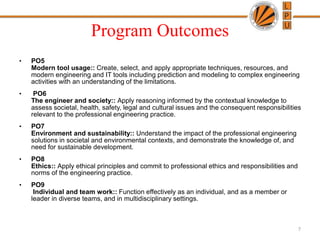 Program Outcomes
• PO5
Modern tool usage:: Create, select, and apply appropriate techniques, resources, and
modern engineering and IT tools including prediction and modeling to complex engineering
activities with an understanding of the limitations.
• PO6
The engineer and society:: Apply reasoning informed by the contextual knowledge to
assess societal, health, safety, legal and cultural issues and the consequent responsibilities
relevant to the professional engineering practice.
• PO7
Environment and sustainability:: Understand the impact of the professional engineering
solutions in societal and environmental contexts, and demonstrate the knowledge of, and
need for sustainable development.
• PO8
Ethics:: Apply ethical principles and commit to professional ethics and responsibilities and
norms of the engineering practice.
• PO9
Individual and team work:: Function effectively as an individual, and as a member or
leader in diverse teams, and in multidisciplinary settings.
7
 