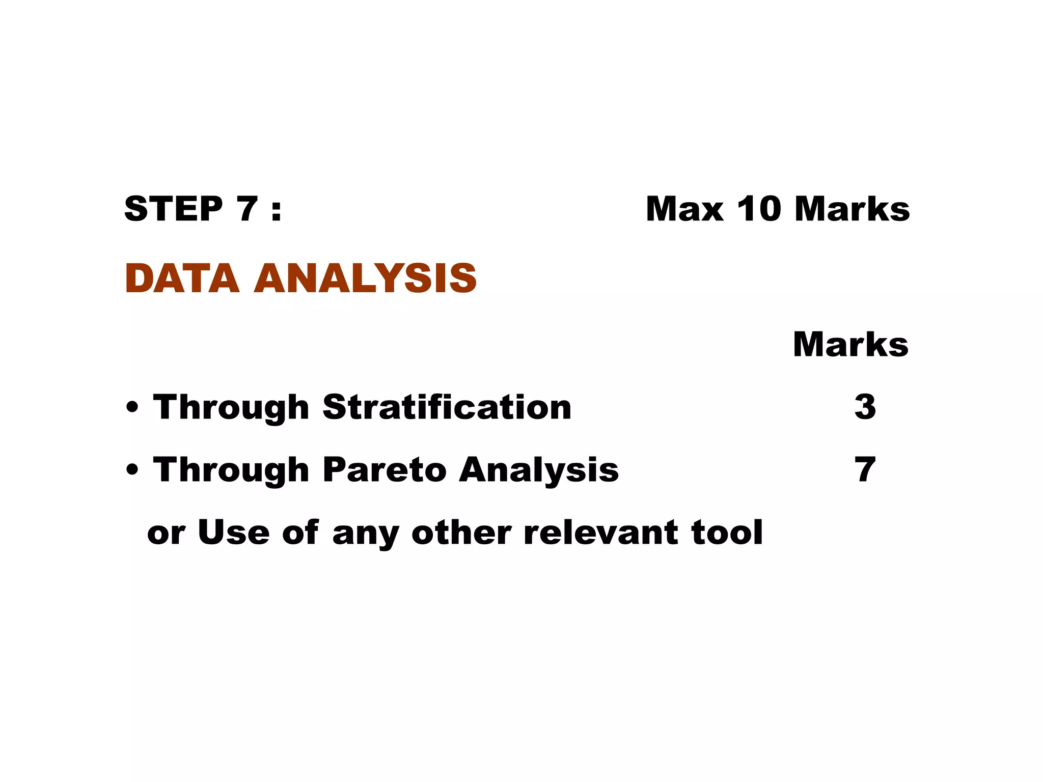 STEP 7 : Max 10 Marks
DATA ANALYSIS
Marks
• Through Stratification 3
• Through Pareto Analysis 7
or Use of any other relevant tool
 