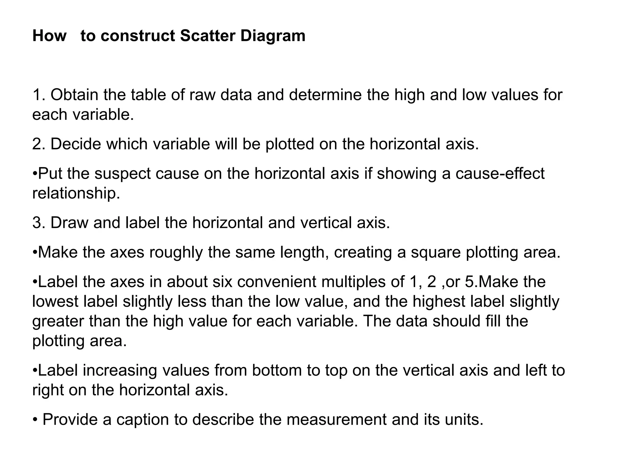 How to construct Scatter Diagram
1. Obtain the table of raw data and determine the high and low values for
each variable.
2. Decide which variable will be plotted on the horizontal axis.
•Put the suspect cause on the horizontal axis if showing a cause-effect
relationship.
3. Draw and label the horizontal and vertical axis.
•Make the axes roughly the same length, creating a square plotting area.
•Label the axes in about six convenient multiples of 1, 2 ,or 5.Make the
lowest label slightly less than the low value, and the highest label slightly
greater than the high value for each variable. The data should fill the
plotting area.
•Label increasing values from bottom to top on the vertical axis and left to
right on the horizontal axis.
• Provide a caption to describe the measurement and its units.
 