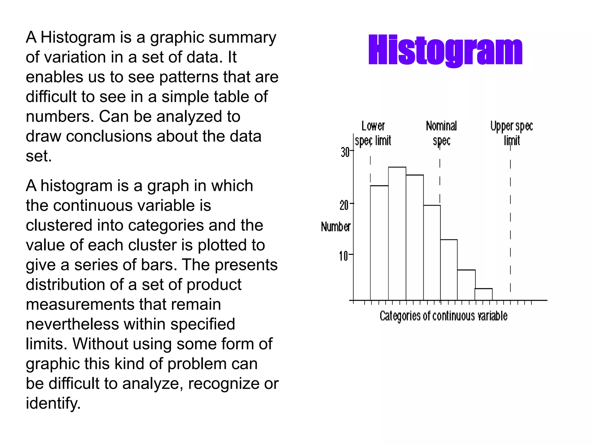 A Histogram is a graphic summary
of variation in a set of data. It
enables us to see patterns that are
difficult to see in a simple table of
numbers. Can be analyzed to
draw conclusions about the data
set.
A histogram is a graph in which
the continuous variable is
clustered into categories and the
value of each cluster is plotted to
give a series of bars. The presents
distribution of a set of product
measurements that remain
nevertheless within specified
limits. Without using some form of
graphic this kind of problem can
be difficult to analyze, recognize or
identify.
Histogram
 