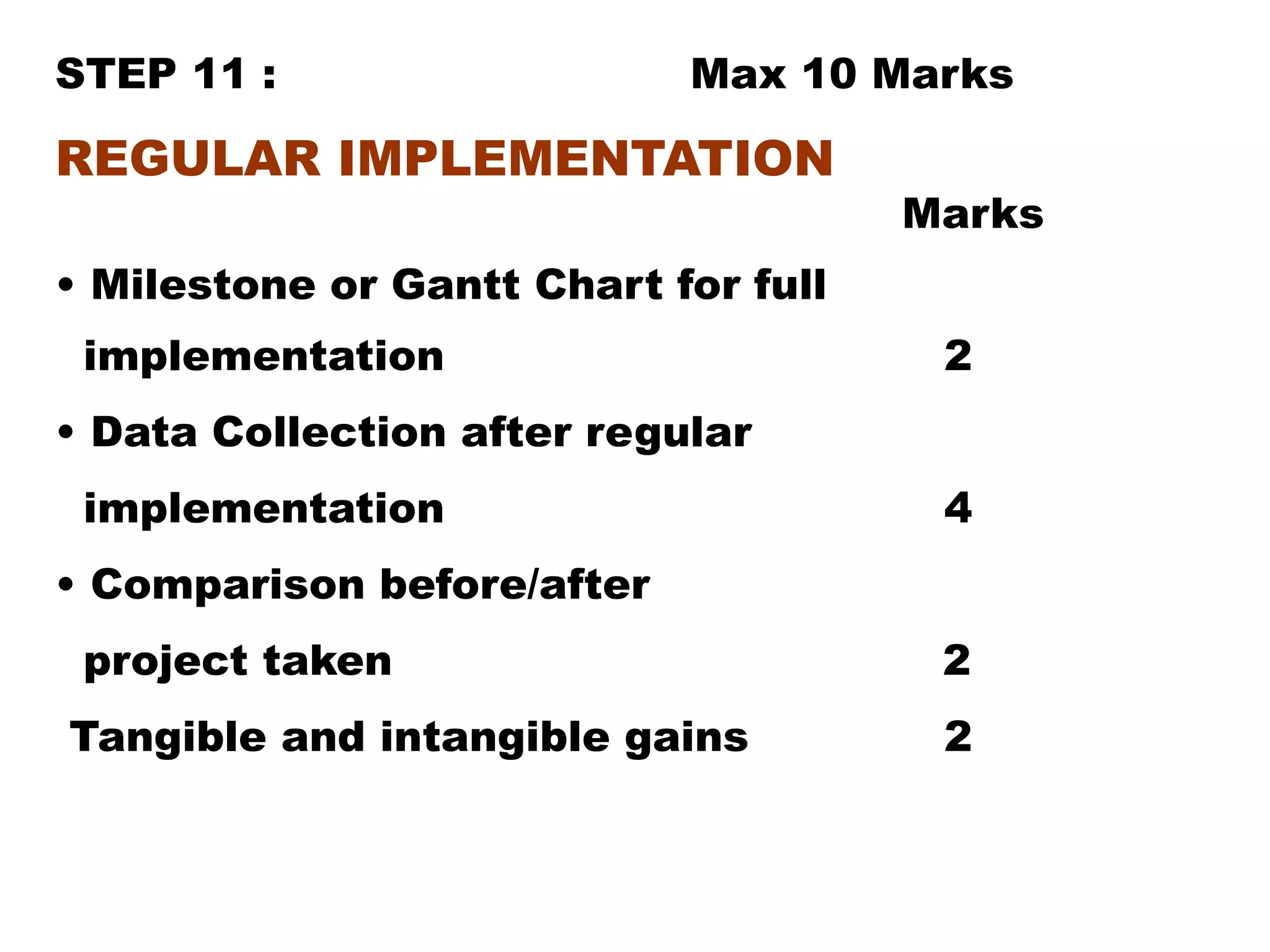 STEP 11 : Max 10 Marks
REGULAR IMPLEMENTATION
Marks
• Milestone or Gantt Chart for full
implementation 2
• Data Collection after regular
implementation 4
• Comparison before/after
project taken 2
Tangible and intangible gains 2
 