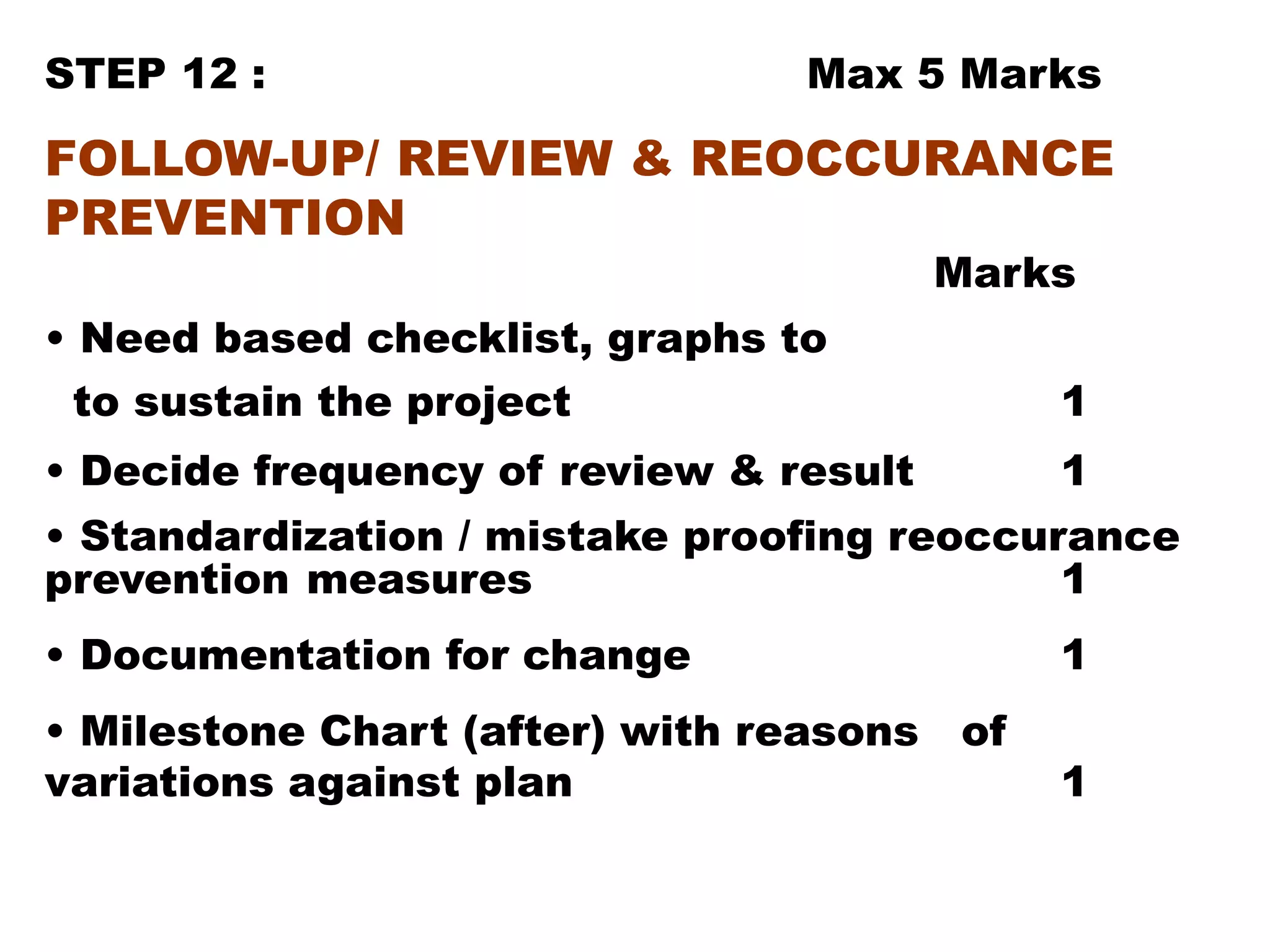 STEP 12 : Max 5 Marks
FOLLOW-UP/ REVIEW & REOCCURANCE
PREVENTION
Marks
• Need based checklist, graphs to
to sustain the project 1
• Decide frequency of review & result 1
• Standardization / mistake proofing reoccurance
prevention measures 1
• Documentation for change 1
• Milestone Chart (after) with reasons of
variations against plan 1
 