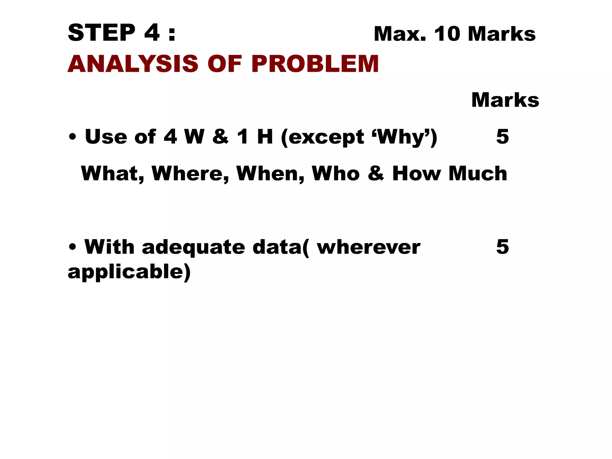 STEP 4 : Max. 10 Marks
ANALYSIS OF PROBLEM
Marks
• Use of 4 W & 1 H (except ‘Why’) 5
What, Where, When, Who & How Much
• With adequate data( wherever 5
applicable)
 