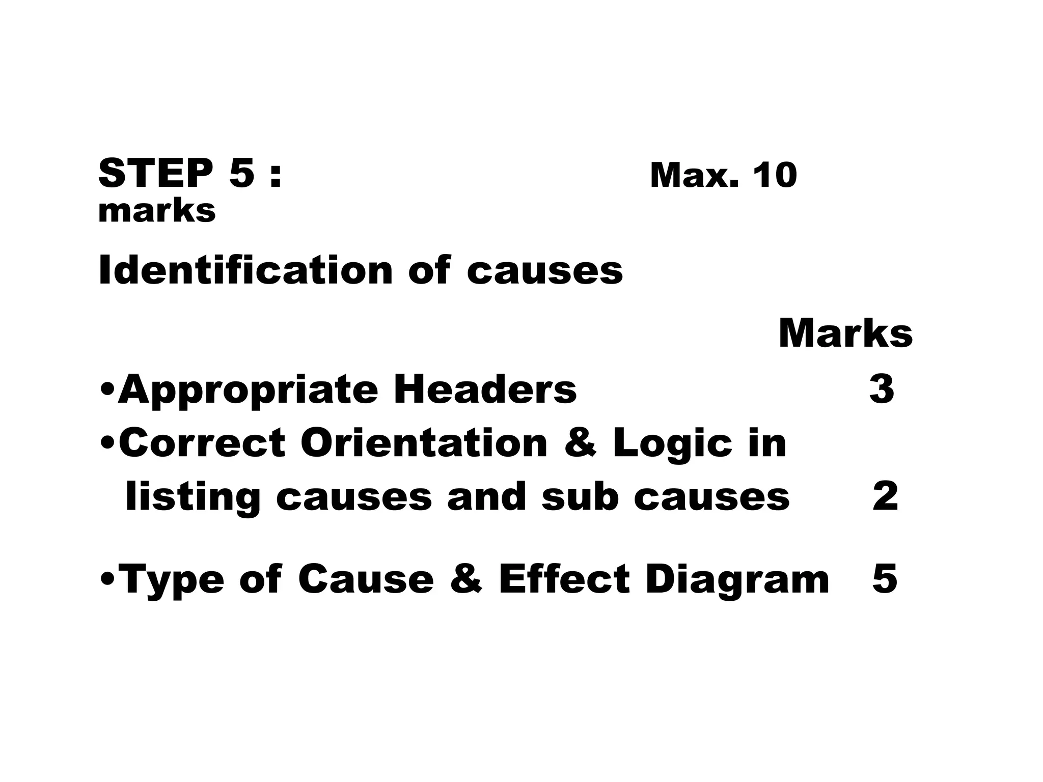 STEP 5 : Max. 10
marks
Identification of causes
Marks
•Appropriate Headers 3
•Correct Orientation & Logic in
listing causes and sub causes 2
•Type of Cause & Effect Diagram 5
 