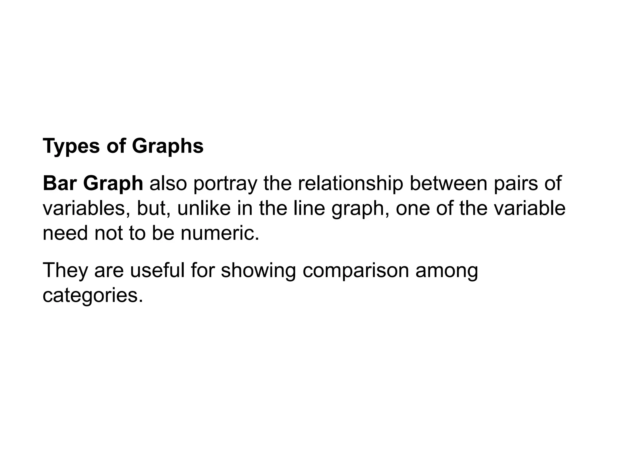 Types of Graphs
Bar Graph also portray the relationship between pairs of
variables, but, unlike in the line graph, one of the variable
need not to be numeric.
They are useful for showing comparison among
categories.
 