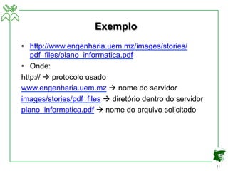 11
Exemplo
• http://www.engenharia.uem.mz/images/stories/
pdf_files/plano_informatica.pdf
• Onde:
http:// à protocolo usado
www.engenharia.uem.mz à nome do servidor
images/stories/pdf_files à diretório dentro do servidor
plano_informatica.pdf à nome do arquivo solicitado
 
