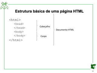 20
Estrutura básica de uma página HTML
<html>
<head>
</head>
<body>
</body>
</html>
Cabeçalho	
  
Corpo	
  
Documento	
  HTML	
  
 