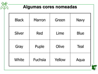 33
Algumas cores nomeadas
Black Marron Green Navy
Sliver Red Lime Blue
Gray Puple Olive Teal
White Fuchsia Yellow Aqua
 