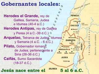 Herodes el Grande, rey de
Galilea, Samaría, Judea
e Idumea (40-4 a.C.)
Herodes Antipas, rey de Galilea
y Perea (4 a.C.-39 d.C.)
Arquelao, Tetrarca de Judea, Idumea
y Samaria (4 a.C. - 6 d.C.)
Pilato, Gobernador romano,
de Judea, perteneciente a
Siria (26-36 d.C.)
Caifás, Sumo Sacerdote
(18-37 d.C.)
Gobernantes locales:
Jesús nace entre el 5 al 6 a.C.
 