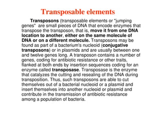 Transposable elements
Transposable elements
Transposons (transposable elements or "jumping
genes" are small pieces of DNA that encode enzymes that
transpose the transposon, that is, move it from one DNA
location to another, either on the same molecule of
DNA or on a different molecule. Transposons may be
found as part of a bacterium's nucleoid (conjugative
transposons) or in plasmids and are usually between one
and twelve genes long. A transposon contains a number of
and twelve genes long. A transposon contains a number of
genes, coding for antibiotic resistance or other traits,
flanked at both ends by insertion sequences coding for an
enzyme called transposase. Transposase is the enzyme
that catalyzes the cutting and resealing of the DNA during
transposition. Thus, such transposons are able to cut
themselves out of a bacterial nucleoid or a plasmid and
insert themselves into another nucleoid or plasmid and
contribute in the transmission of antibiotic resistance
among a population of bacteria.
 