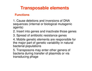 Transposable elements
Transposable elements
Functions
1. Cause deletions and inversions of DNA
sequences (internal or biological mutagenic
agents)
2. Insert into genes and inactivate those genes
2. Insert into genes and inactivate those genes
3. Spread of antibiotic resistance genes
4. Mobile genetic elements are responsible for
the major part of genetic variability in natural
bacterial populations
5. Transposons may enter other genera of
bacteria during transfer of plasmids or via
transducing phage
 