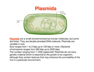 Plasmids
Plasmids
Plasmids are a small extrachromosomal circular molecules, but some
are linear. They are double-stranded DNA molecule. Plasmids are
variable in size.
Size ranges from 1 to 2 kbp up to 120 kbp or more ( Bacterial
chromosome ranges from 580 kbp up to 5220 kbp).
The number ranging from 1-1000 copies/cell. Plasmids do not carry
genetic material which is essential to the growth of an organism,
although they contain features that may enhance the survivability of the
m/o in a particular environment.
 