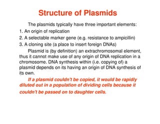 Structure of Plasmids
Structure of Plasmids
The plasmids typically have three important elements:
1. An origin of replication
2. A selectable marker gene (e.g. resistance to ampicillin)
3. A cloning site (a place to insert foreign DNAs)
Plasmid is (by definition) an extrachromosomal element,
thus it cannot make use of any origin of DNA replication in a
thus it cannot make use of any origin of DNA replication in a
chromosome. DNA synthesis within (i.e. copying of) a
plasmid depends on its having an origin of DNA synthesis of
its own.
If a plasmid couldn't be copied, it would be rapidly
diluted out in a population of dividing cells because it
couldn't be passed on to daughter cells.
 