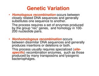 Genetic Variation
Genetic Variation
• Homologous recombination occurs between
closely related DNA sequences and generally
substitutes one sequence to another.
The process requires a set of enzymes produced
by the group “rec” genes, and homology in 100-
200 nucleotide pairs.
• Nonhomologous recombination occurs
between dissimilar DNA sequences and generally
produces insertions or deletions or both.
This process usually requires specialized (site-
specific) recombination enzymes, such as those
produced by many transposons and lysogenic
bacteriophages.
 