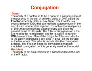 Conjugation
Donor
The ability of a bacterium to be a donor is a consequence of
the presence in the cell of an extra piece of DNA called the
F factor or fertility factor or sex factor. The F factor is a
circular piece of DNA that can replicate autonomously in the
cell; it is an independent replicon. Extrachromosomal pieces
of DNA that can replicate autonomously are given the
general name of plasmids. The F factor has genes on it that
are needed for its replication and for its ability to transfer
general name of plasmids. The F factor has genes on it that
are needed for its replication and for its ability to transfer
DNA to a recipient. One of the things the F factor codes for
is the ability to produce a sex pilus (F pilus) on the surface
of the bacterium. This pilus is important in the conjugation
process. The F factor is not the only plasmid that can
mediated conjugation but it is generally used as the model.
Recipient
The ability to act as a recipient is a consequence of the lack
of the F factor.
 