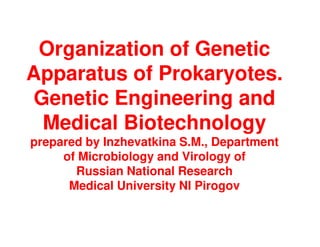 Organization of Genetic
Apparatus of Prokaryotes.
Genetic Engineering and
Medical Biotechnology
Medical Biotechnology
prepared by Inzhevatkina S.M., Department
of Microbiology and Virology of
Russian National Research
Medical University NI Pirogov
 