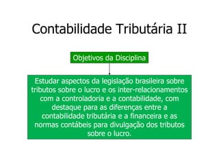 Contabilidade Tributária II
Estudar aspectos da legislação brasileira sobre
tributos sobre o lucro e os inter-relacionamentos
com a controladoria e a contabilidade, com
destaque para as diferenças entre a
contabilidade tributária e a financeira e as
normas contábeis para divulgação dos tributos
sobre o lucro.
Objetivos da Disciplina
 