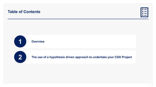 Table of Contents
2
Overview
The use of a hypothesis driven approach to undertake your CDD Project
1
2
 