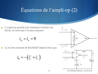 Équations de l’ampli-op (2)
 L’ampli-op possède une résistance d’entrée très
élevée, de sorte que l’on peut assumer:
Jean-Philippe Roberge - Janvier 2014
14
0
p n
i i
= =
 La loi des courants de Kirchhoff impose donc que:
( )
0 c c
i i i
+ −
= − +
 
