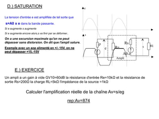 D.) SATURATION
La tension d'entrée e est amplifiée de tel sorte que
s=A0 x e dans la bande passante.
Si e augmente s augmente
Si e augmente encore alors,s va finir par se déformer..
On a une excursion maximale qu'on ne peut
dépasser sans distorsion. On dit que l'ampli sature.
Exemple avec un aop alimenté en +/- 15V, on ne
peut dépasser +15,-15V
E.) EXERCICE
Un ampli a un gain à vide GV10=60dB la résistance d'entrée Re=10kΩ et la résistance de
sortie Rs=200Ω la charge RL=5kΩ l'impédance de la source =1kΩ
Calculer l'amplification réelle de la chaîne Av=s/eg
rep:Av=874
e
s
Ampli
s RL
Rs
A0.e
e Re

 