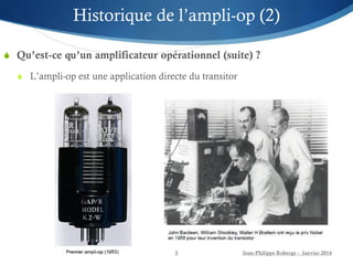  Qu’est-ce qu’un amplificateur opérationnel (suite) ?
 L’ampli-op est une application directe du transitor
Jean-Philippe Roberge - Janvier 2014
5
Historique de l’ampli-op (2)
 