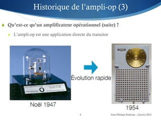  Qu’est-ce qu’un amplificateur opérationnel (suite) ?
 L’ampli-op est une application directe du transitor
Jean-Philippe Roberge - Janvier 2014
6
Historique de l’ampli-op (3)
 