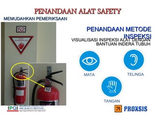 PENANDAAN ALAT SAFETY
PENANDAAN ALAT SAFETY
MEMUDAHKAN PEMERIKSAAN
MEMUDAHKAN PEMERIKSAAN
VISUALISASI INSPEKSI ALAT DENGAN
VISUALISASI INSPEKSI ALAT DENGAN
BANTUAN INDERA TUBUH
BANTUAN INDERA TUBUH
MATA TELINGA
TANGAN
PENANDAAN METODE
PENANDAAN METODE
INSPEKSI
INSPEKSI
 
