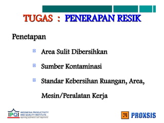 TUGAS :
TUGAS : PENERAPAN RESIK
PENERAPAN RESIK
Penetapan
Penetapan
 Area Sulit Dibersihkan
Area Sulit Dibersihkan
 Sumber Kontaminasi
Sumber Kontaminasi
 Standar Kebersihan Ruangan, Area,
Standar Kebersihan Ruangan, Area,
Mesin/Peralatan Kerja
Mesin/Peralatan Kerja
 