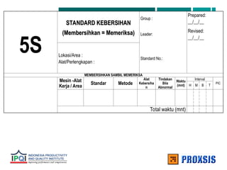 5S
STANDARD KEBERSIHAN
STANDARD KEBERSIHAN
(Membersihkan = Memeriksa)
(Membersihkan = Memeriksa)
Group :
Prepared:
__/__/__
Leader:
Revised:
__/__/__
Lokasi/Area :
Alat/Perlengkapan :
Standard No.:
MEMBERSIHKAN SAMBIL MEMERIKSA
Mesin -Alat
Kerja / Area
Standar Metode
Alat
Kebersiha
n
Tindakan
Bila
Abnormal
Waktu
(mnt)
Interval
PIC
H M B T
Total waktu (mnt)
 
