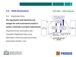 6.4. Work Environment
6.4. Lingkungan Kerja
The organization shall determine and
manage the work environment needed to
achieve conformity to product requirements.
Organisasi harus menetapkan dan
mengelola lingkungan kerja yang
diperlukan untuk mencapai kesesuaian
persyaratan produk / jasa.
ISO 9001 : 2000 (Clause)
 