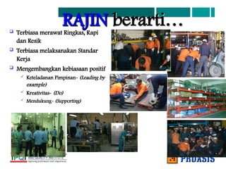 RAJIN
RAJIN berarti…
berarti…
 Terbiasa merawat Ringkas, Rapi
dan Resik
 Terbiasa melaksanakan Standar
Kerja
 Mengembangkan kebiasaan positif
 Keteladanan Pimpinan- (Leading by
example)
 Kreativitas- (Do)
 Mendukung- (Supporting)
 