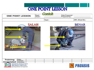 Dept :
Team :
Type : OPL Sheet No.:
Date :
Trainee :
Checked :
Date Prepared :
Prepared by :
Training
Completed
ONE POINT LESSON
SALAH
SALAH BENAR
BENAR
ONE POINT LESSON
ONE POINT LESSON
Contoh
Contoh
 