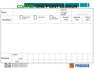 Tema:
OPL No.
Tanggal
Dibuat:
__ / ____ / ____.
Klasifikasi:
Disetujui
Oleh
Diperiksa
Oleh:
Dibuat
Oleh:
Realisasi
Tanggal
Paraf
Nama
CONTOH
CONTOH ONE POINT LESSON
ONE POINT LESSON
Pengetahuan
Dasar
Improvement Kasus
Gangguan
 