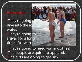 Examples:
•They’re going to
dive into the icy
water.
•They’re going to
shiver for a long
time afterwards.
•They’re going to need warm clothes!
•The people are going to applaud.
•The girls are going to get sick.
 
