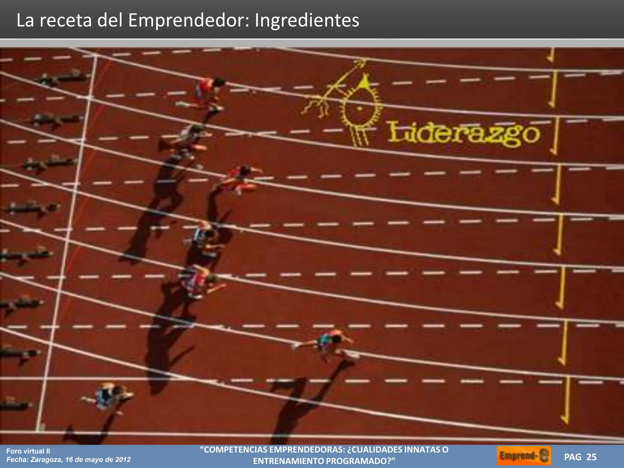 HERRAMIENTAS CREATIVAS PARA OPTIMIZAR TU ESTRATEGIA DE MARKETING
CREA
Proyecto: Máster de Marketing Internacional
Fecha: 26 de julio de 2011 PAG 25
PAG 25
Foro virtual II
Fecha: Zaragoza, 16 de mayo de 2012
“COMPETENCIAS EMPRENDEDORAS: ¿CUALIDADES INNATAS O
ENTRENAMIENTO PROGRAMADO?”
La receta del Emprendedor: Ingredientes
 