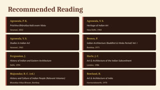 Recommended Reading
Agrawala, P. K.
Prāchīna Bhāratīya Kalā evam Vāstu
Varanasi, 2002
Agrawala, V. S.
Heritage of Indian Art
New Delhi, 1964
Agrawala, V. S.
Studies in Indian Art
Varanasi, 1965
Brown, P.
Indian Architecture (Buddhist & Hindu Period) Vol. I
Bombay, 1971
Fergussion, J.
History of Indian and Eastern Architecture
Delhi, 1994
Harle, J. C.
Art & Architecture of the Indian Subcontinent
London, 1986
Majumdar, R. C. (ed.)
History and Culture of Indian People (Relevant Volumes)
Bharatiya Vidya Bhavan, Bombay
Rowland, B.
Art & Architecture of India
Harmondsworth, 1970
 