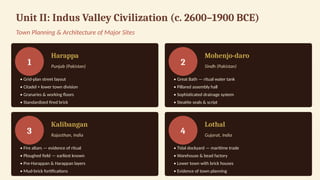 Unit II: Indus Valley Civilization (c. 2600–1900 BCE)
Town Planning & Architecture of Major Sites
1
Harappa
Punjab (Pakistan)
• Grid-plan street layout
• Citadel + lower town division
• Granaries & working floors
• Standardized fired brick
2
Mohenjo-daro
Sindh (Pakistan)
• Great Bath — ritual water tank
• Pillared assembly hall
• Sophisticated drainage system
• Steatite seals & script
3
Kalibangan
Rajasthan, India
• Fire altars — evidence of ritual
• Ploughed field — earliest known
• Pre-Harappan & Harappan layers
• Mud-brick fortifications
4
Lothal
Gujarat, India
• Tidal dockyard — maritime trade
• Warehouse & bead factory
• Lower town with brick houses
• Evidence of town planning
 