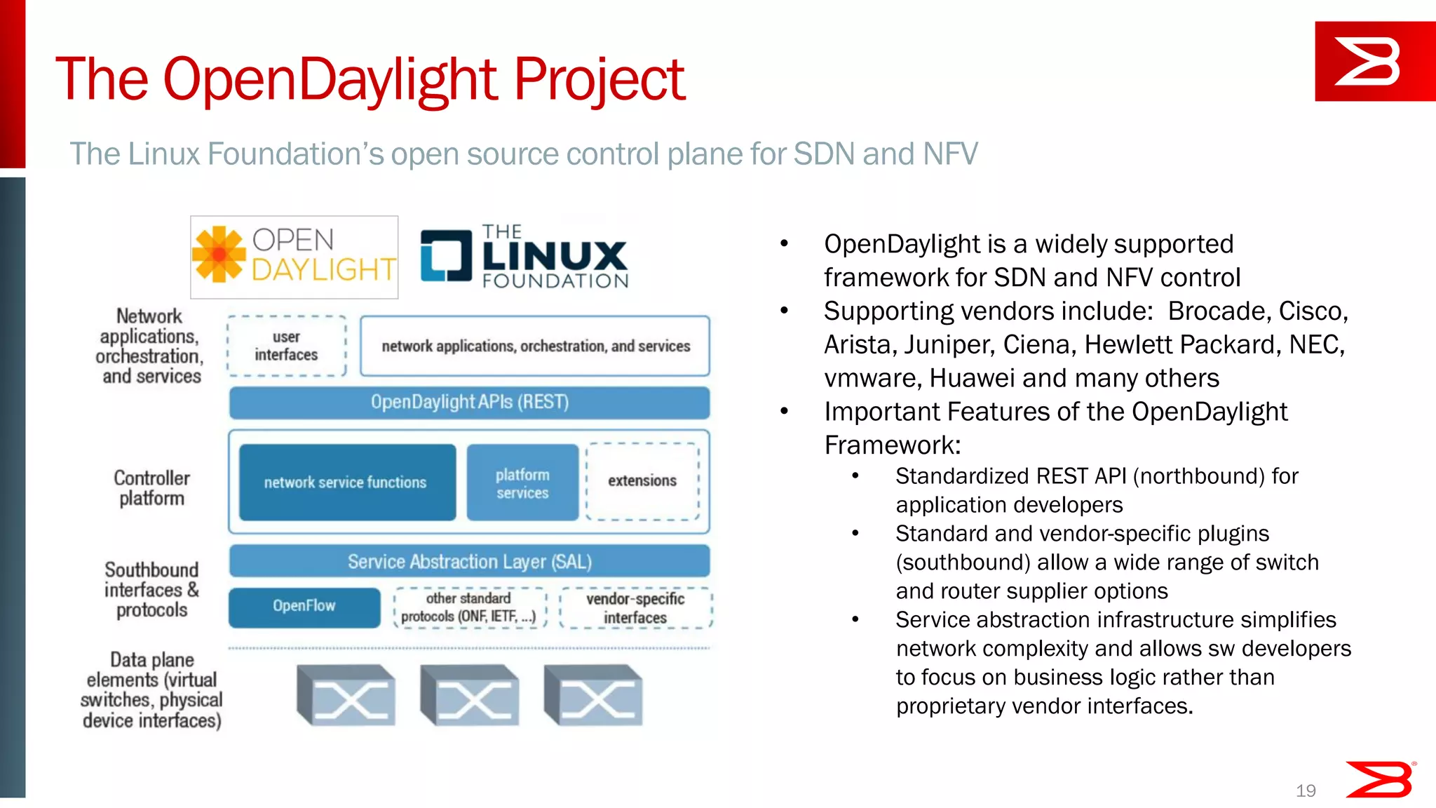 The OpenDaylight Project
The Linux Foundation’s open source control plane for SDN and NFV
19
• OpenDaylight is a widely supported
framework for SDN and NFV control
• Supporting vendors include: Brocade, Cisco,
Arista, Juniper, Ciena, Hewlett Packard, NEC,
vmware, Huawei and many others
• Important Features of the OpenDaylight
Framework:
• Standardized REST API (northbound) for
application developers
• Standard and vendor-specific plugins
(southbound) allow a wide range of switch
and router supplier options
• Service abstraction infrastructure simplifies
network complexity and allows sw developers
to focus on business logic rather than
proprietary vendor interfaces.
 